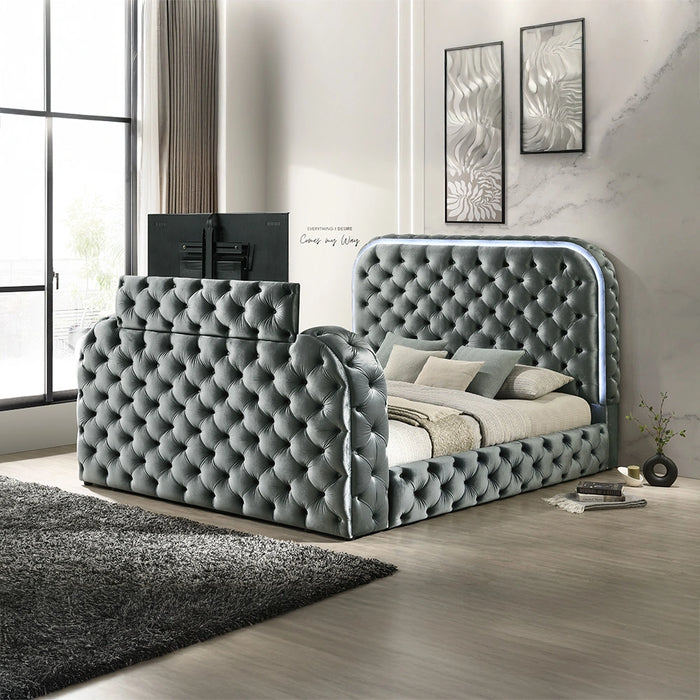 Queen Bed w/LED, Fireplace & TV Stand