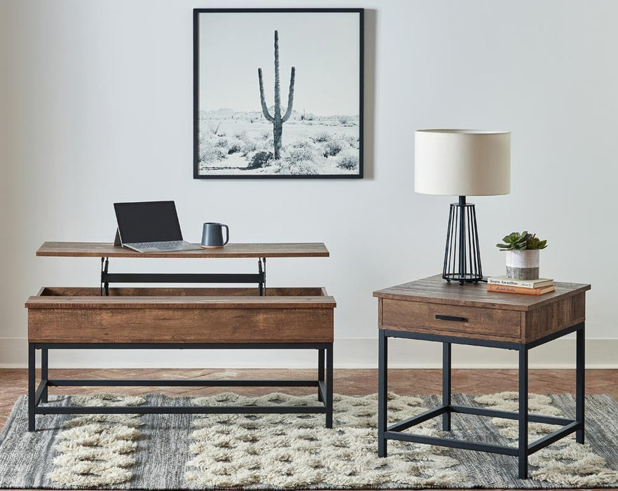 Byers Black Coffee Table with Hidden Storage Brown Oak and Sandy Black - Dimensional Outlet Furniture (Oakland, CA)
