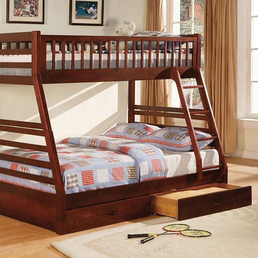 California II Cherry Twin/Full Bunk Bed w/ 2 Drawers Cherry, Walnut, Grey, &Oak - Dimensional Outlet Furniture (Oakland, CA)