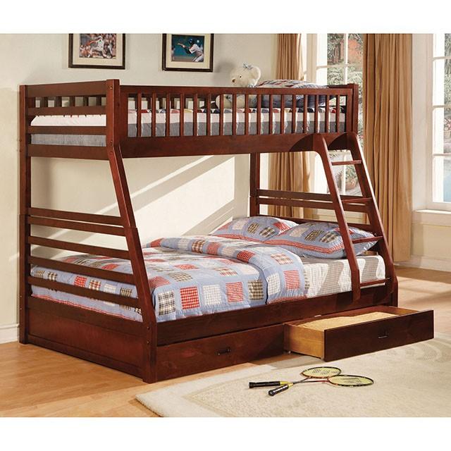 California II Cherry Twin/Full Bunk Bed w/ 2 Drawers Cherry, Walnut, Grey, &Oak - Dimensional Outlet Furniture (Oakland, CA)