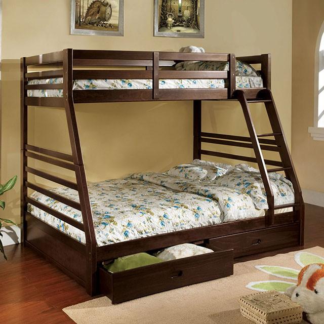California II Cherry Twin/Full Bunk Bed w/ 2 Drawers Cherry, Walnut, Grey, &Oak - Dimensional Outlet Furniture (Oakland, CA)