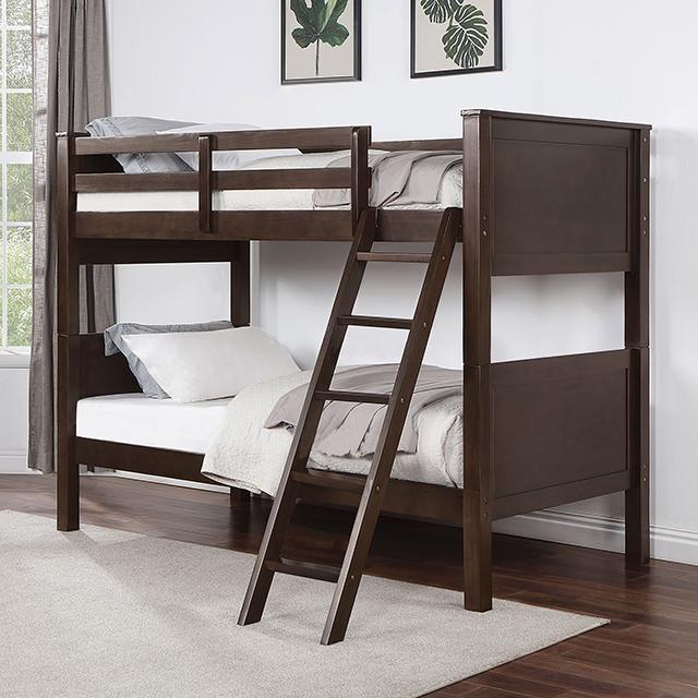 STAMOS Full/Full, Twin/Full, & Twin/twin Bunk Bed, Walnut - Dimensional Outlet Furniture (Oakland, CA)